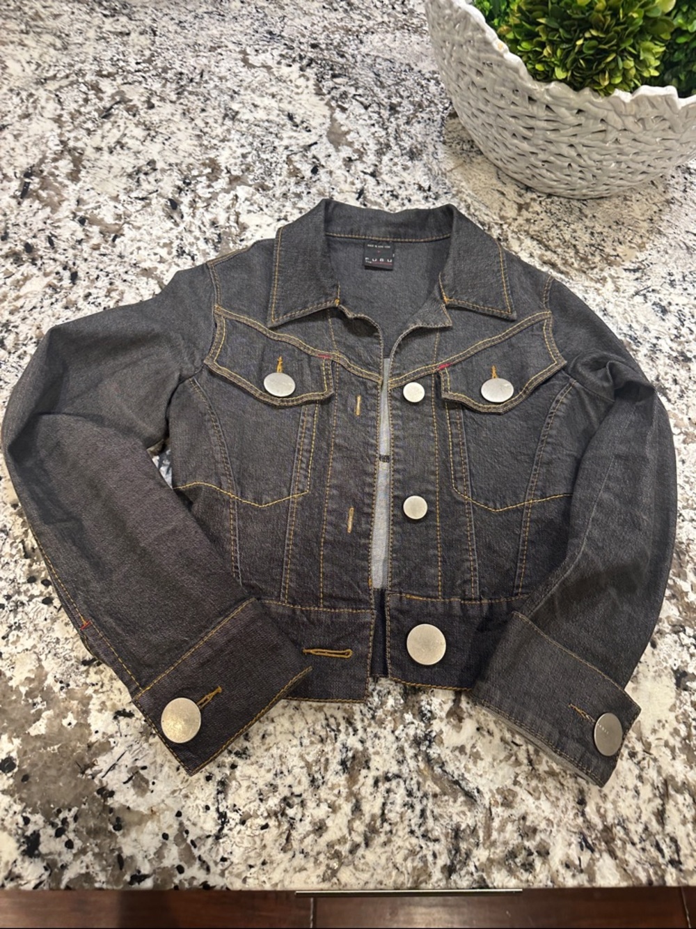 FUBU Women’s Dark Blue Denim Jacket, Cropped, Large Button. Small